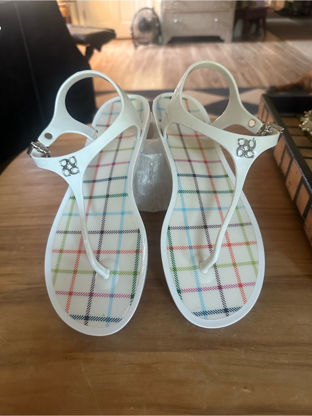 Coach White T‑Strap jelly Sandals Size 8 Multicolor Plaid Insole silver hardware